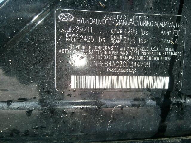 5NPEB4AC3CH344798 - 2012 HYUNDAI SONATA GLS BLACK photo 10