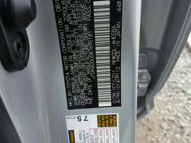 JTDKB20U087695181 - 2008 TOYOTA PRIUS SILVER photo 10