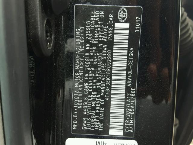 4T4BF3EK1BR092980 - 2011 TOYOTA CAMRY BASE BLACK photo 10