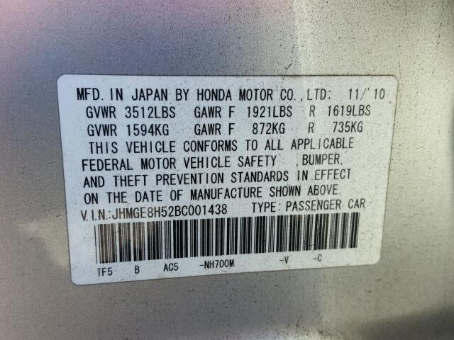 JHMGE8H52BC001438 - 2011 HONDA FIT SPORT SILVER photo 10