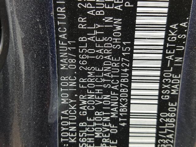 4T1BK3DB7BU427151 - 2011 TOYOTA AVALON BAS CHARCOAL photo 10