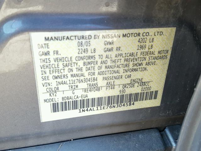 1N4AL11E76N304584 - 2006 NISSAN ALTIMA S TAN photo 10