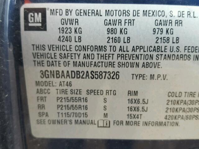 3GNBAADB2AS587326 - 2010 CHEVROLET HHR LS BLUE photo 10