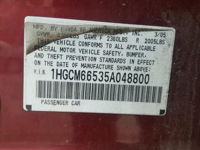 1HGCM66535A048800 - 2005 HONDA ACCORD EX RED photo 10