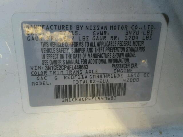 3N1CE2CP4FL449683 - 2015 NISSAN VERSA NOTE WHITE photo 10