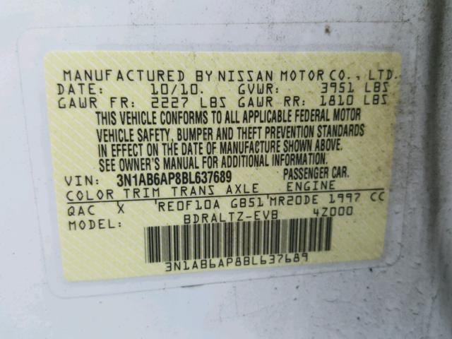 3N1AB6AP8BL637689 - 2011 NISSAN SENTRA 2.0 WHITE photo 10