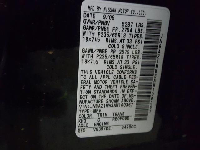 JN8AZ1MW3AW100367 - 2010 NISSAN MURANO S BLACK photo 10