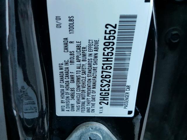 2HGES26751H539552 - 2001 HONDA CIVIC EX BLACK photo 10