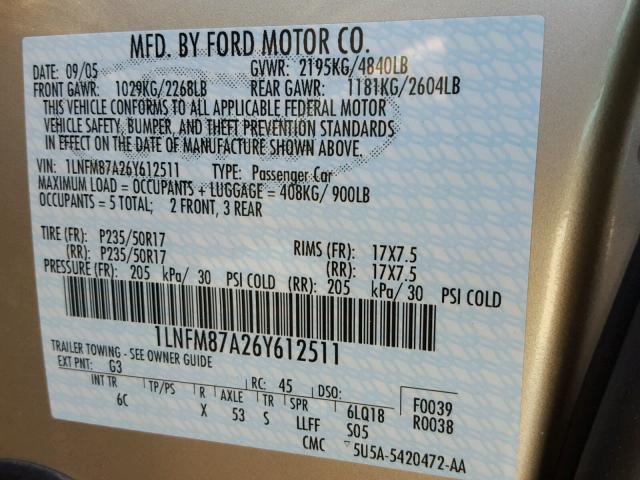 1LNFM87A26Y612511 - 2006 LINCOLN LS 米色 照片 10