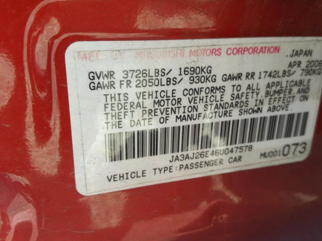 JA3AJ26E46U047578 - 2006 MITSUBISHI LANCER ES RED photo 10