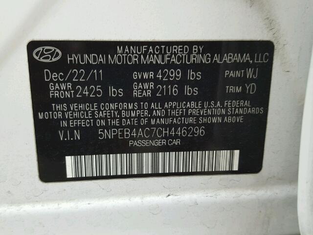 5NPEB4AC7CH446296 - 2012 HYUNDAI SONATA GLS WHITE photo 10