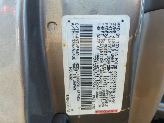 JT2BG22K9X0275545 - 1999 TOYOTA CAMRY LE TAN photo 10