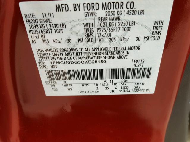 1FMCU0DG3CKB28150 - 2012 FORD ESCAPE XLT RED photo 10