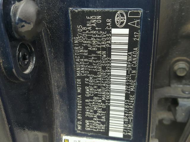 2T1KR32E05C483933 - 2005 TOYOTA COROLLA MA BLUE photo 10