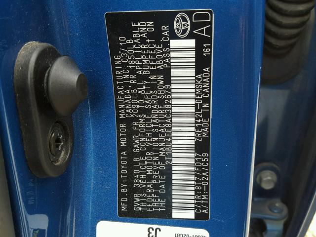 2T1BU4EE8AC382679 - 2010 TOYOTA COROLLA BA BLUE photo 10