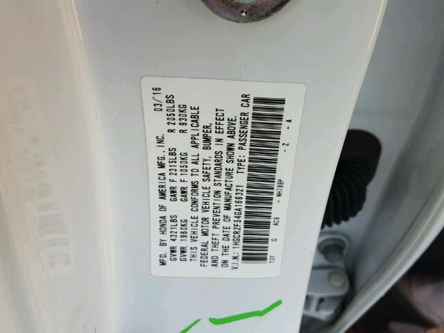 1HGCR2F54GA166321 - 2016 HONDA ACCORD SPO WHITE photo 10