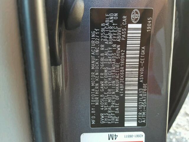 4T4BF3EK6BR180942 - 2011 TOYOTA CAMRY BASE GRAY photo 10