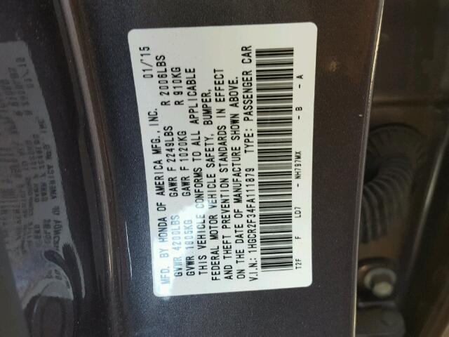 1HGCR2F34FA111879 - 2015 HONDA ACCORD LX GRAY photo 10