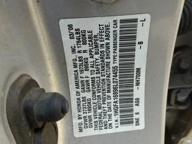 1HGFA16896L074455 - 2006 HONDA CIVIC EX 银色 照片 10