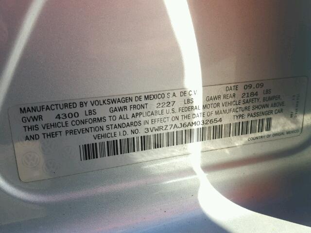 3VWRZ7AJ6AM032654 - 2010 VOLKSWAGEN JETTA SE 银色 照片 10