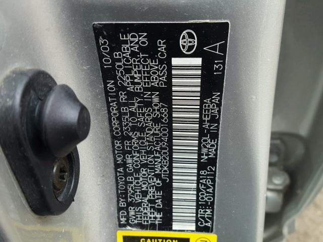 JTDKB20U940016687 - 2004 TOYOTA PRIUS SILVER photo 10