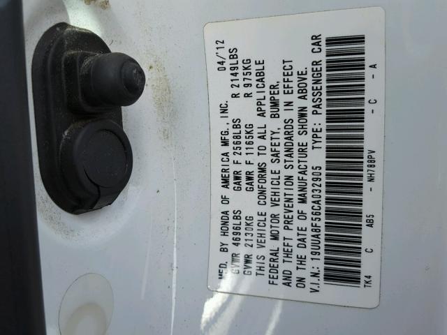 19UUA8F56CA032905 - 2012 ACURA TL WHITE photo 10