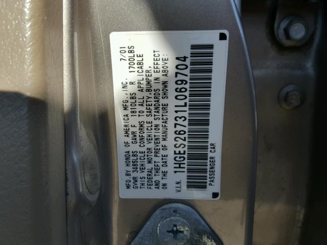 1HGES26731L069704 - 2001 HONDA CIVIC EX GOLD photo 10