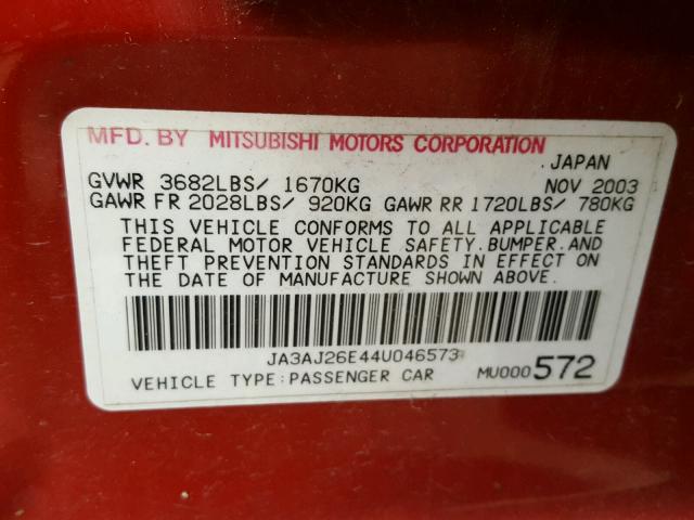 JA3AJ26E44U046573 - 2004 MITSUBISHI LANCER ES RED photo 10