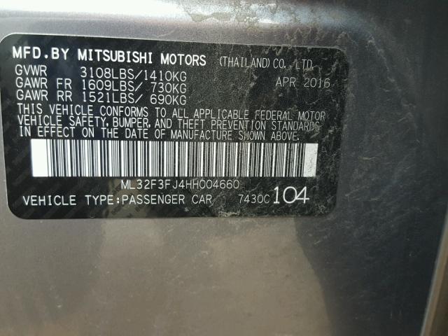 ML32F3FJ4HH004660 - 2017 MITSUBISHI MIRAGE G4 GRAY photo 10