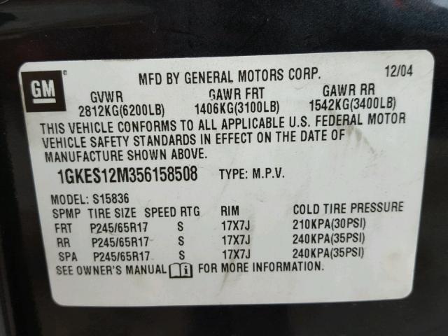 1GKES12M356158508 - 2005 GMC ENVOY XUV CHARCOAL photo 10