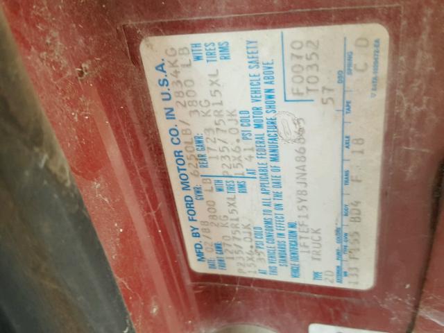 1FTEF15Y8JNA86865 - 1988 FORD F150 RED photo 10