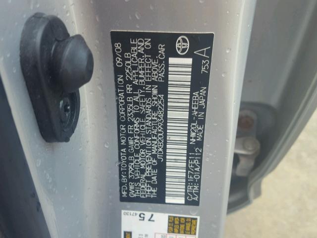 JTDKB20U993482254 - 2009 TOYOTA PRIUS SILVER photo 10