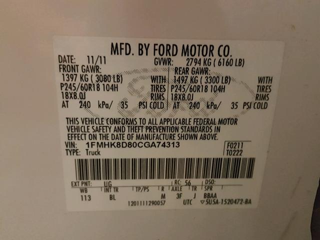 1FMHK8D80CGA74313 - 2012 FORD EXPLORER X WHITE photo 10