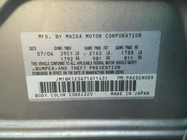 JM1BK123671611431 - 2007 MAZDA 3 S SILVER photo 10