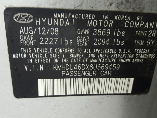 KMHDU46DX8U569459 - 2008 HYUNDAI ELANTRA GL SILVER photo 10