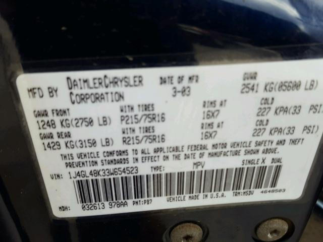 1J4GL48K33W654523 - 2003 JEEP LIBERTY SP BLUE photo 10