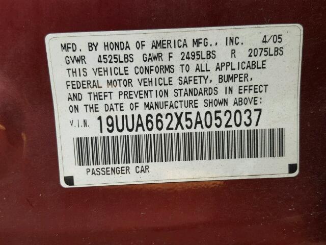 19UUA662X5A052037 - 2005 ACURA TL MAROON photo 10