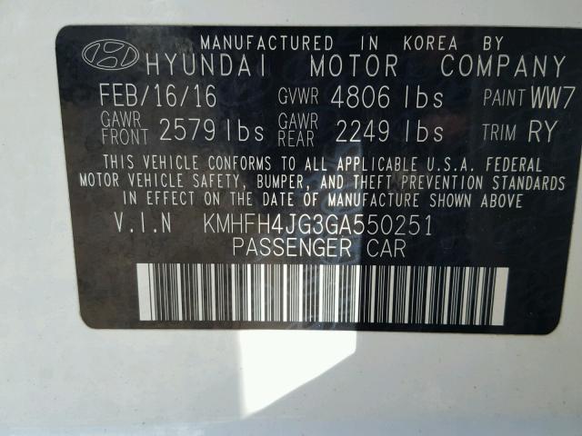 KMHFH4JG3GA550251 - 2016 HYUNDAI AZERA LIMI WHITE photo 10