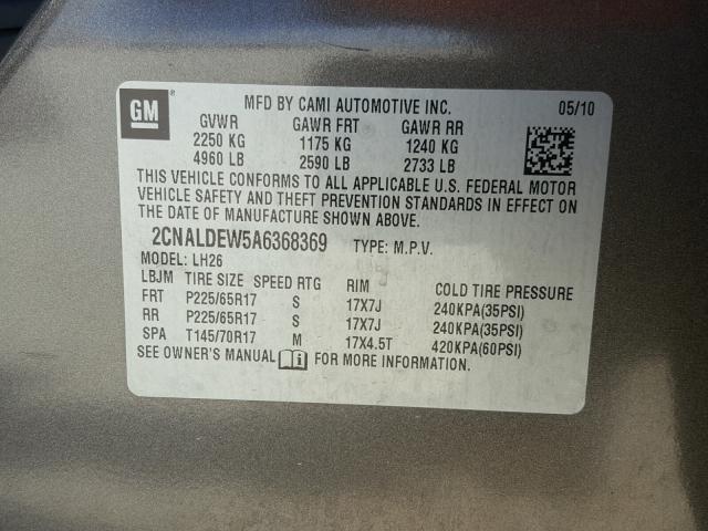 2CNALDEW5A6368369 - 2010 CHEVROLET EQUINOX LT TAN photo 10