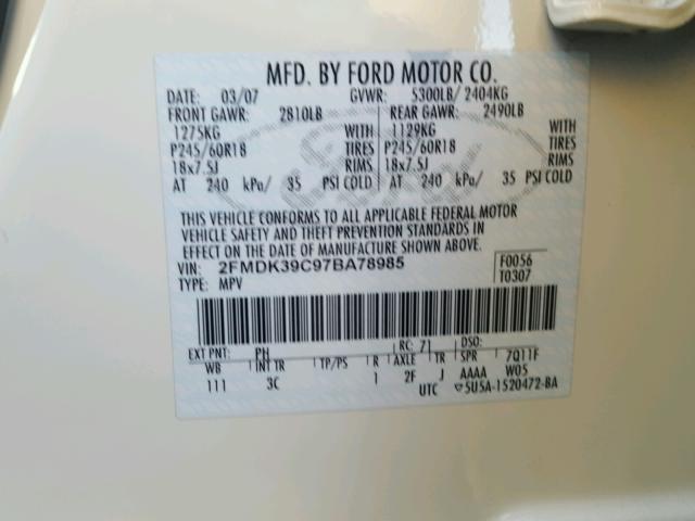 2FMDK39C97BA78985 - 2007 FORD EDGE SEL P WHITE photo 10