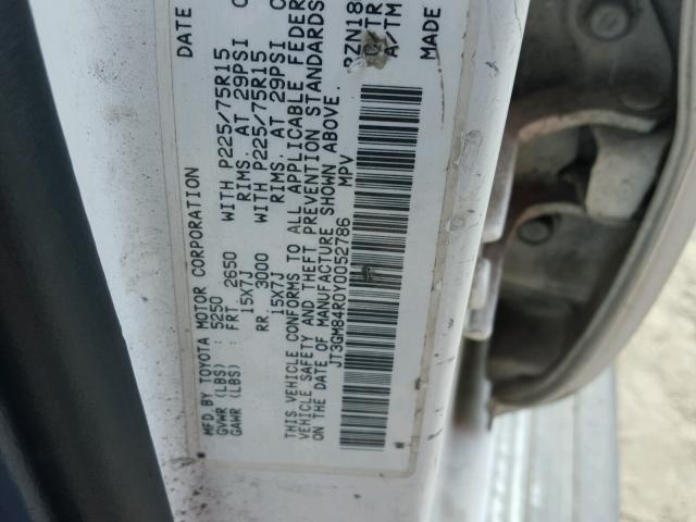 JT3GM84R0Y0052786 - 2000 TOYOTA 4RUNNER WHITE photo 10