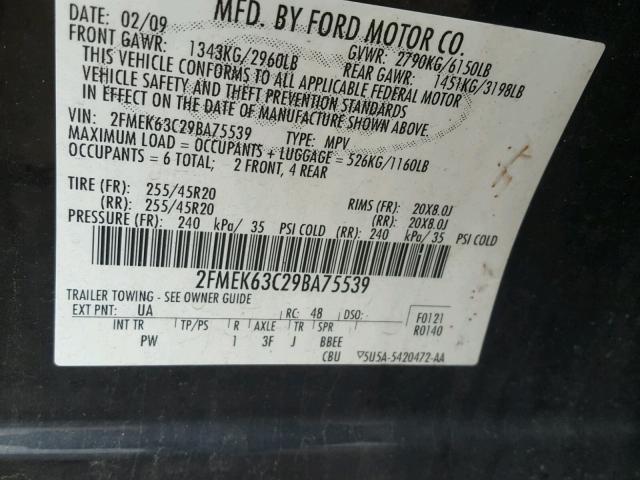 2FMEK63C29BA75539 - 2009 FORD FLEX LIMIT BLACK photo 10