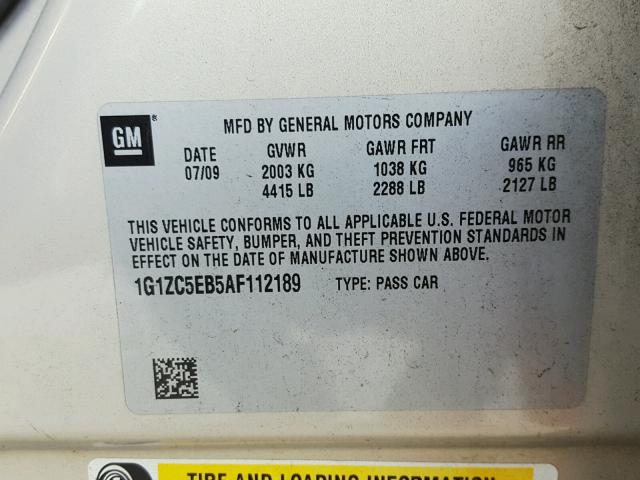 1G1ZC5EB5AF112189 - 2010 CHEVROLET MALIBU 1LT თაფლისფერი ფოტო 10