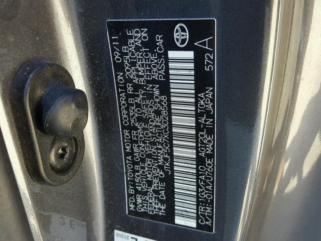 JTKJF5C7XC3028568 - 2012 TOYOTA SCION TC 灰色 照片 10