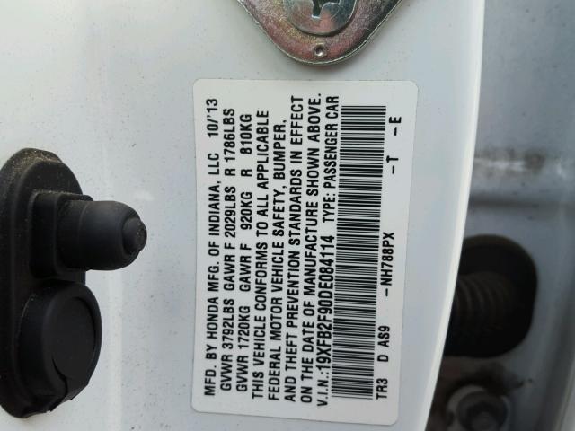 19XFB2F90DE084114 - 2013 HONDA CIVIC EXL Ақ фото 10