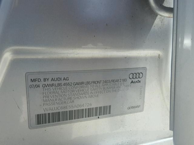 WAUJC68E55A064726 - 2005 AUDI A4 1.8T SILVER photo 10