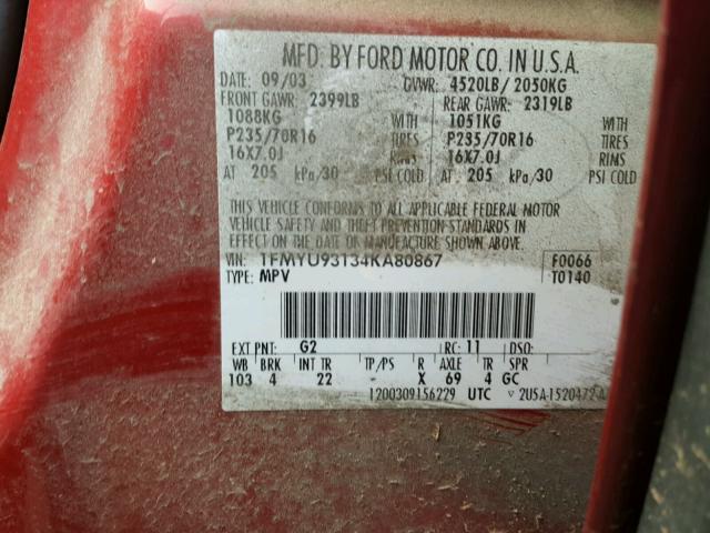 1FMYU93134KA80867 - 2004 FORD ESCAPE XLT BURGUNDY photo 10