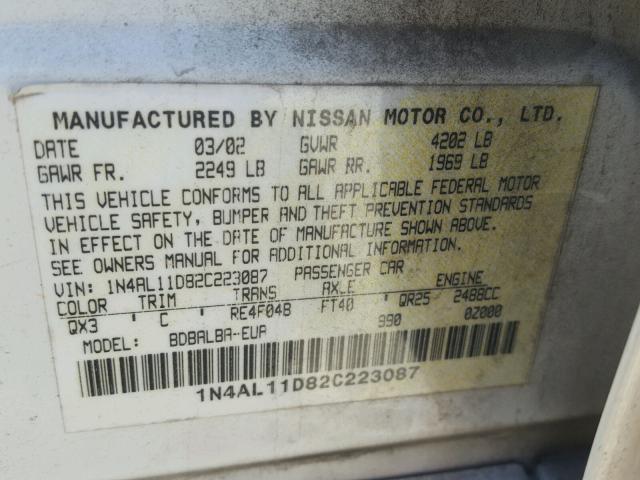 1N4AL11D82C223087 - 2002 NISSAN ALTIMA BAS WHITE photo 10