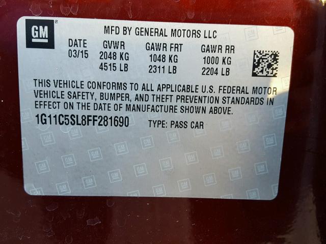 1G11C5SL8FF281690 - 2015 CHEVROLET MALIBU 1LT BURGUNDY photo 10