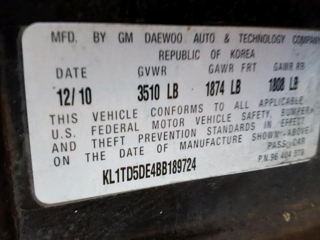 KL1TD5DE4BB189724 - 2011 CHEVROLET AVEO LS BLACK photo 10